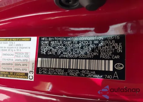 2015 Lexus Rc 350 from USA, damaged, VIN JTHHE5BC8F5005997